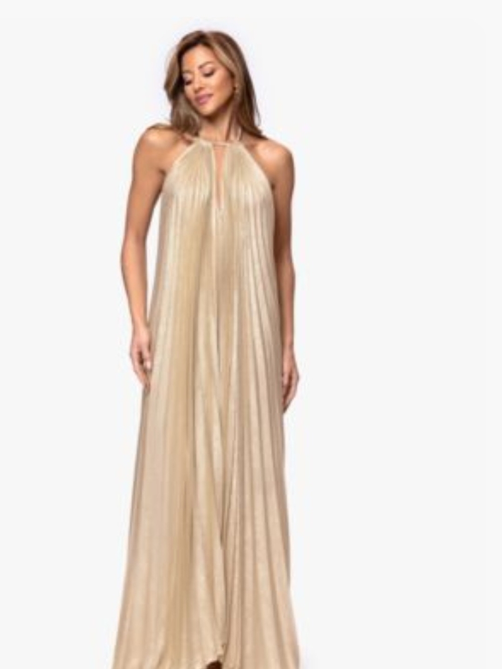 Xscape Metallic Gold Halter Pleated Maxi Dress Sz 8